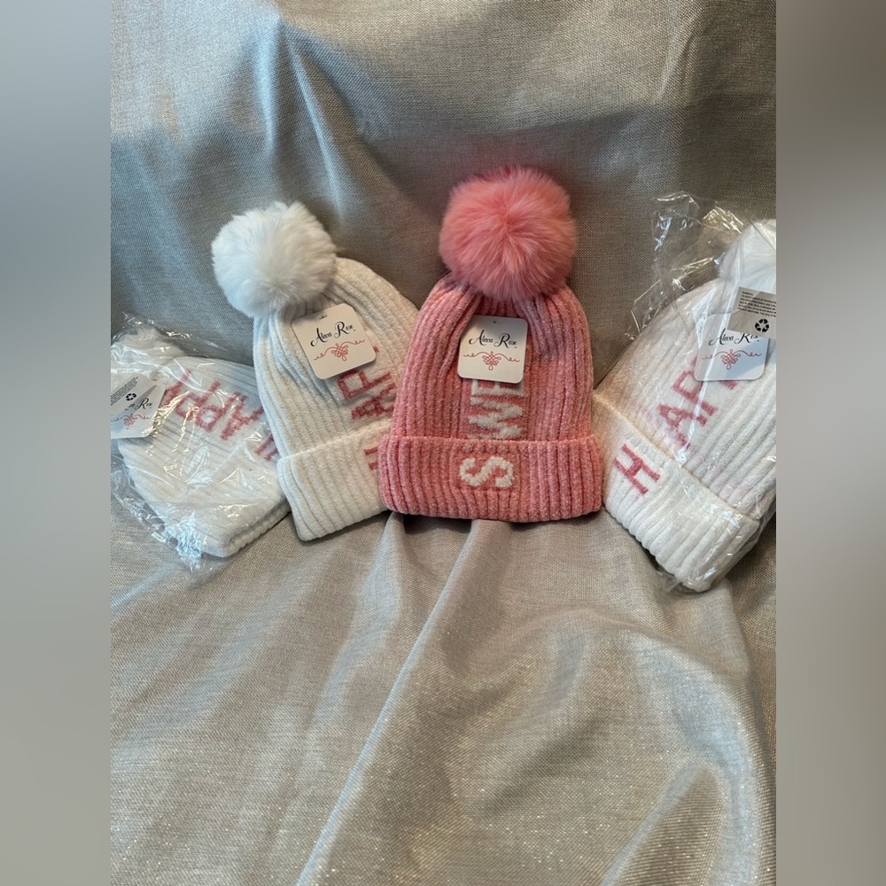 Girls winter pompon hats set of 4, 3 white, one pink
